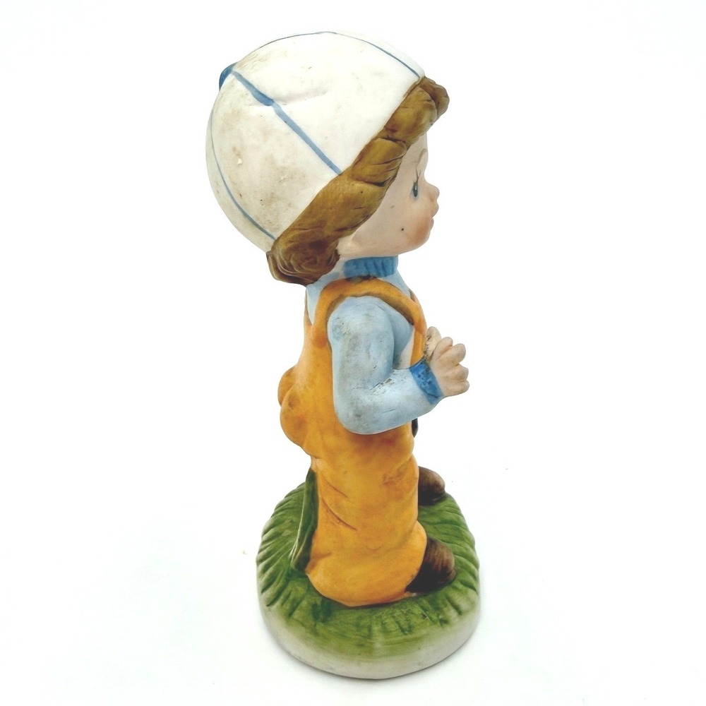 Vintage Bisque Porcelain Boy Figurine Slingshot Bird Hat Orange Overalls - Picture 4 of 6